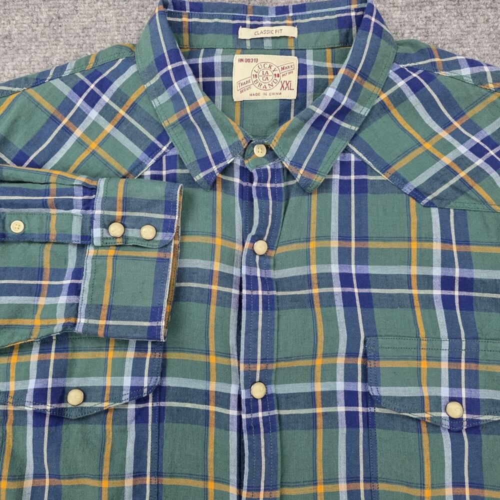 Lucky Brand Shirt Mens XXL Green Plaid Linen Blend Classic Western Pearl Snap